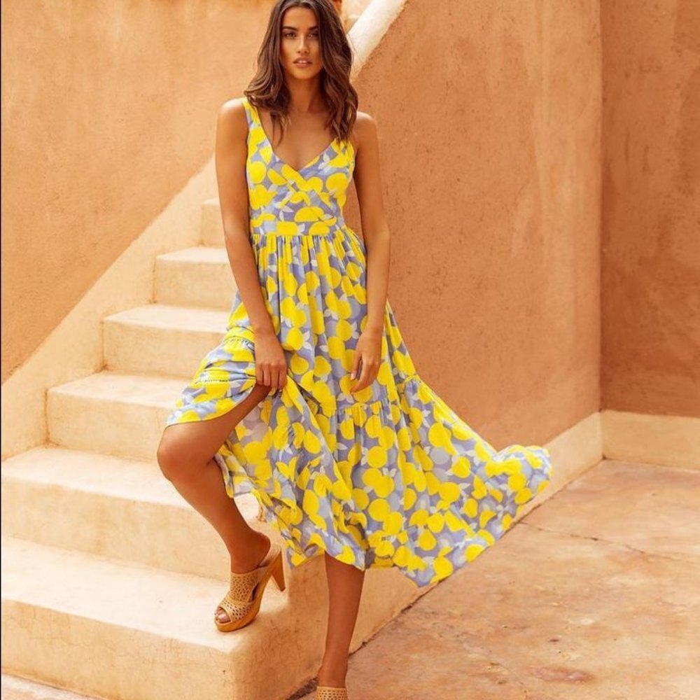 Mister Zimi‎ Sz Women's Blue Lemon Print Vneck Sleeveless Midi Dress US 4 / 6